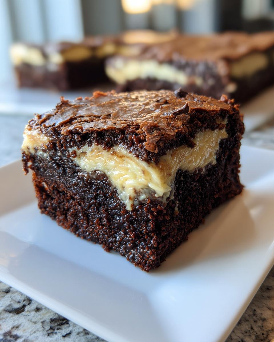A close-up of a rich, dark chocolate banana bread brownies square with a creamy yellow swirl filling.