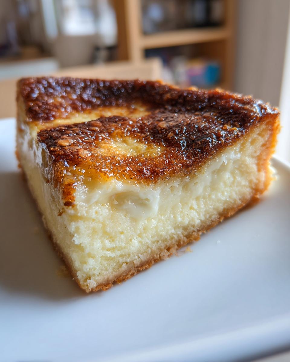 Close-up of a thick slice of bee sting cake showing the creamy filling and dark, caramelized honey topping.