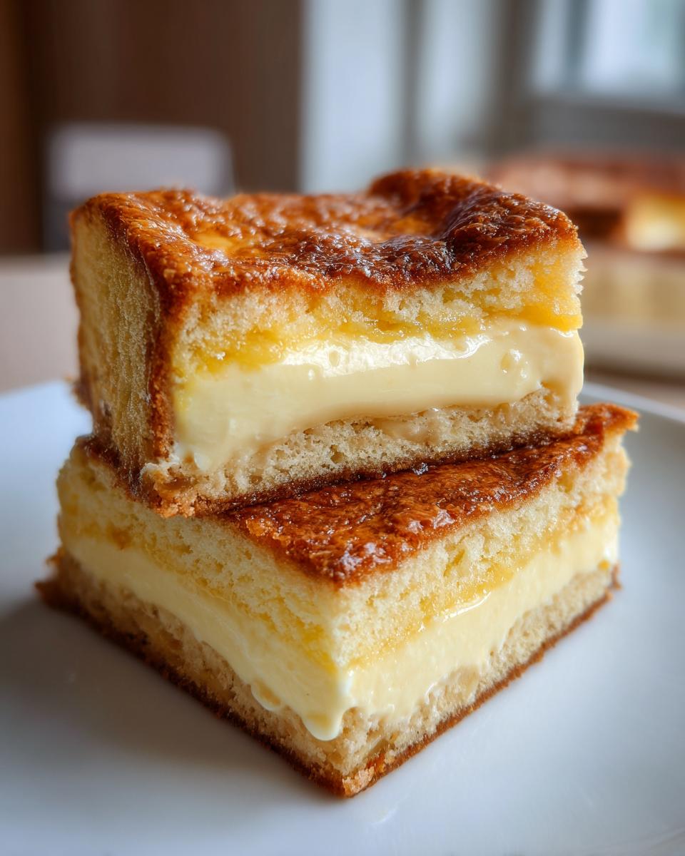 Close-up of two stacked squares of bee sting cake showing the creamy vanilla filling and caramelized top.
