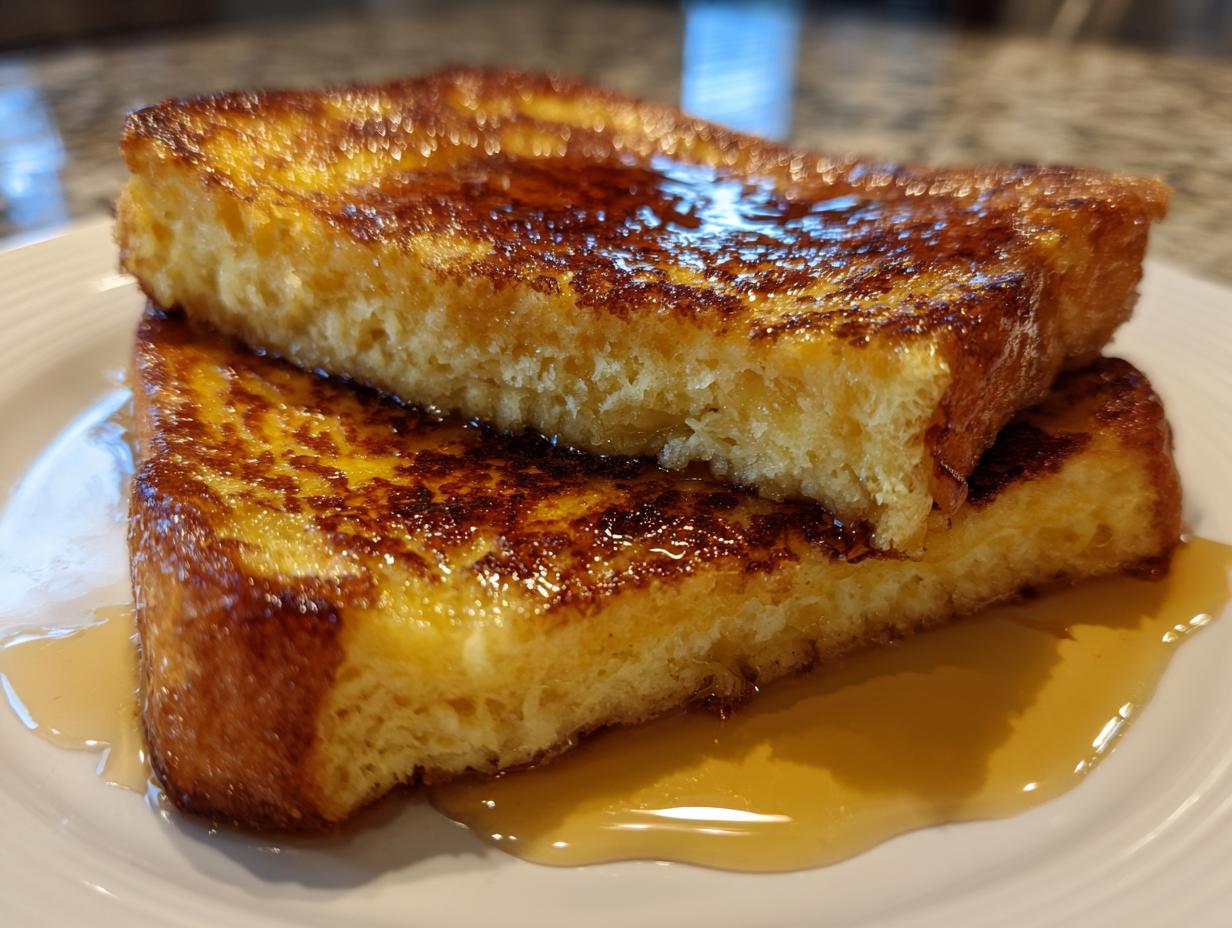 Close-up of two thick slices of golden brown french toast stacked and drizzled generously with maple syrup.