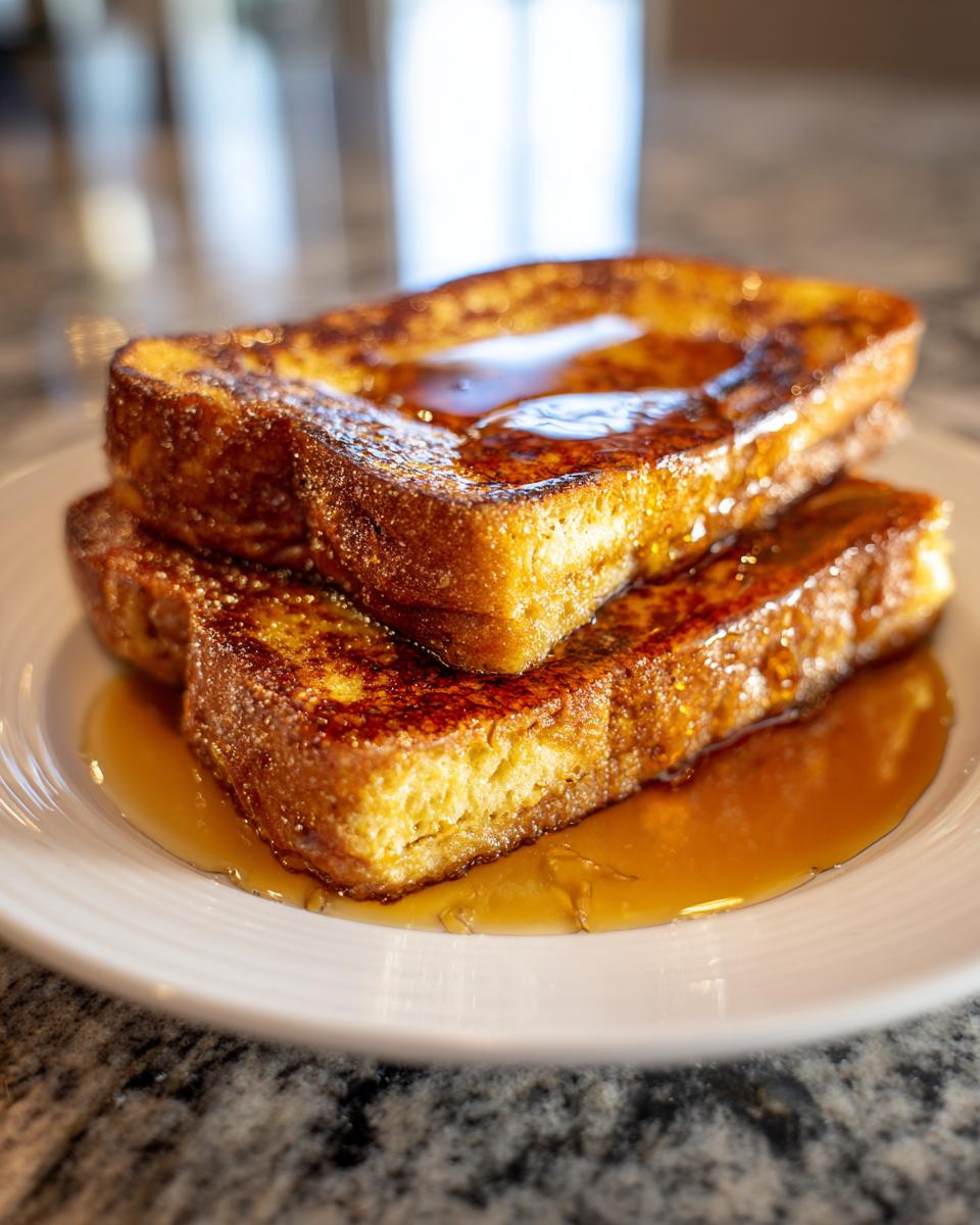 Close-up of a stack of thick, golden-brown french toast drenched in maple syrup on a white plate.