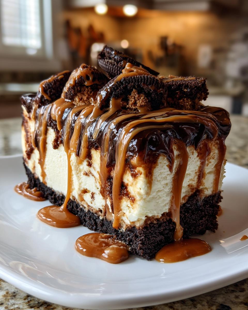 A tall slice of creamy biscoff cheesecake with a dark crust, drizzled heavily with caramel and chocolate sauce and topped with cookie pieces.