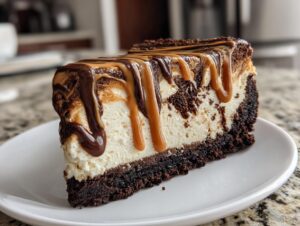 A thick slice of biscoff cheesecake with a dark crust, topped with chocolate and caramel drizzle.