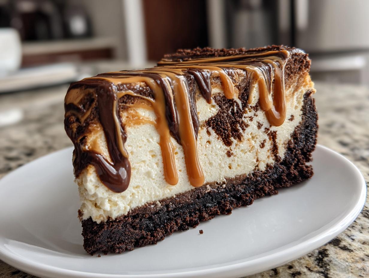 A thick slice of biscoff cheesecake with a dark crust, topped with chocolate and caramel drizzle.
