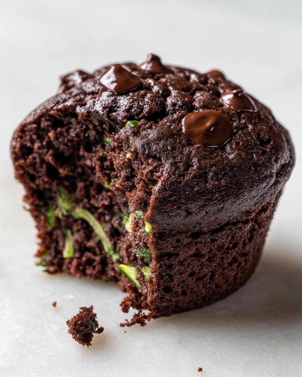 Close-up of a rich, dark chocolate zucchini muffin with a bite taken out, revealing shredded green zucchini inside and topped with melted chocolate chips.