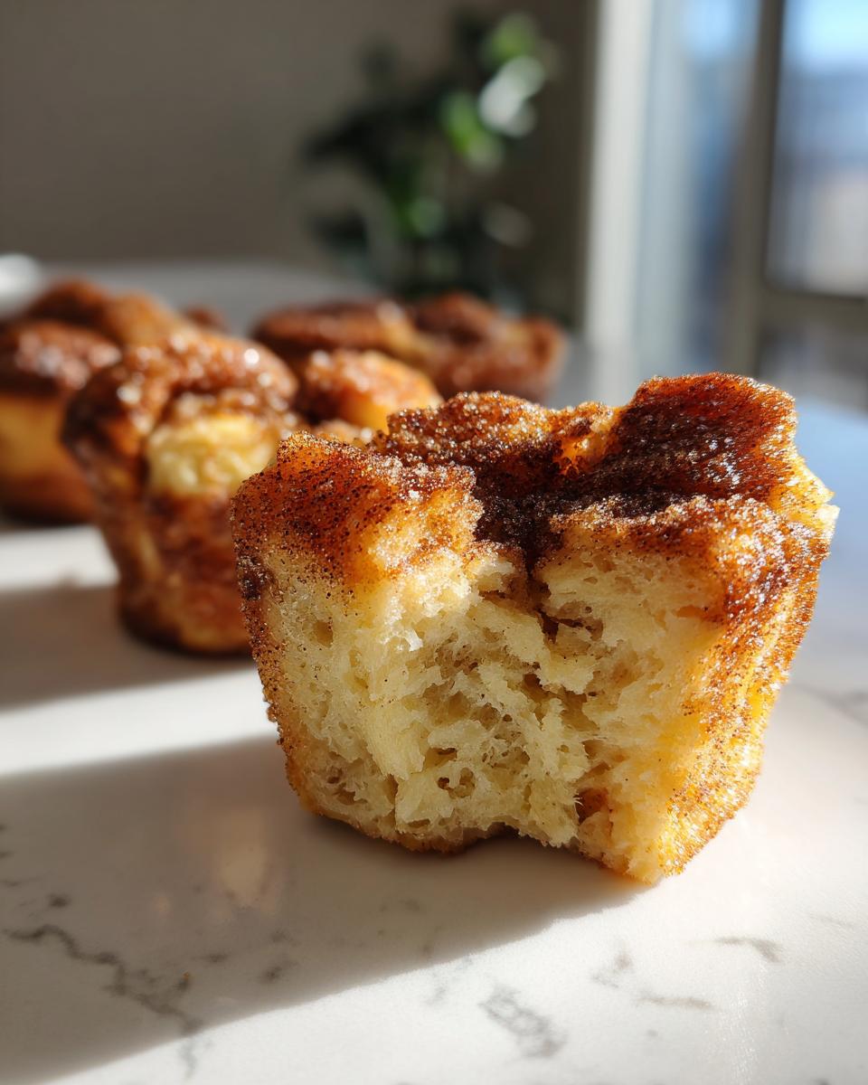A close-up of one of the french toast muffins with a bite taken out, showing the soft interior and cinnamon sugar crust.