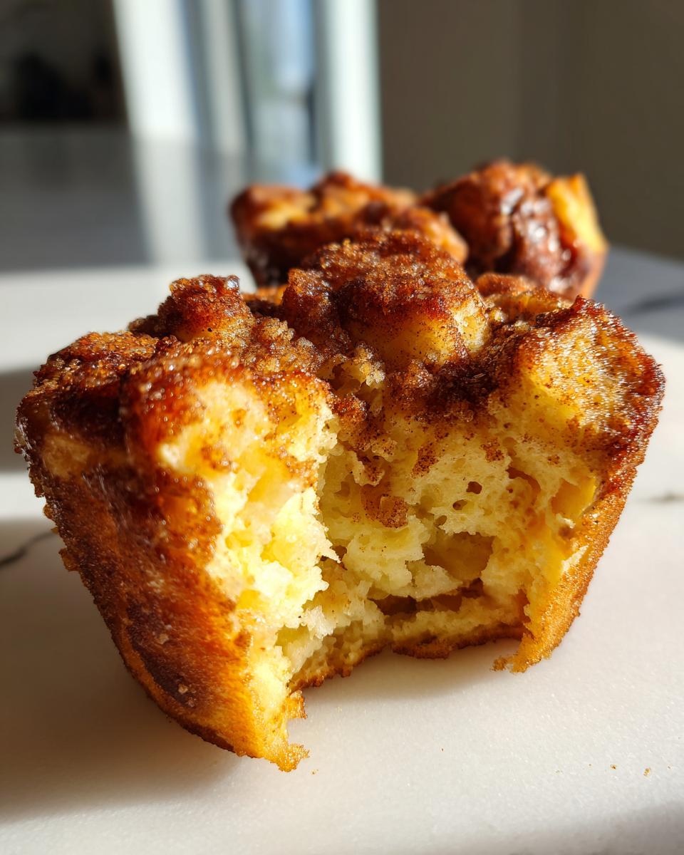 Close-up of a french toast muffins with a bite taken out, showing the soft interior and cinnamon sugar topping.