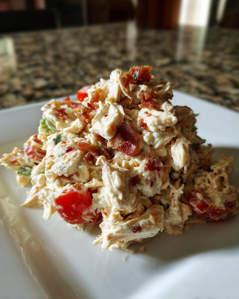 A mound of creamy BLT chicken salad featuring shredded chicken, tomatoes, and crispy bacon bits on a white plate.