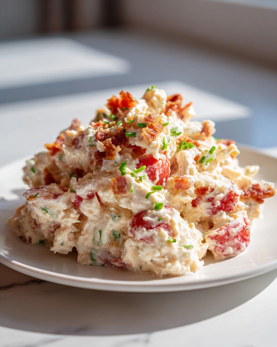 A mound of creamy BLT chicken salad featuring chunks of tomato, topped with crispy bacon bits and chives.