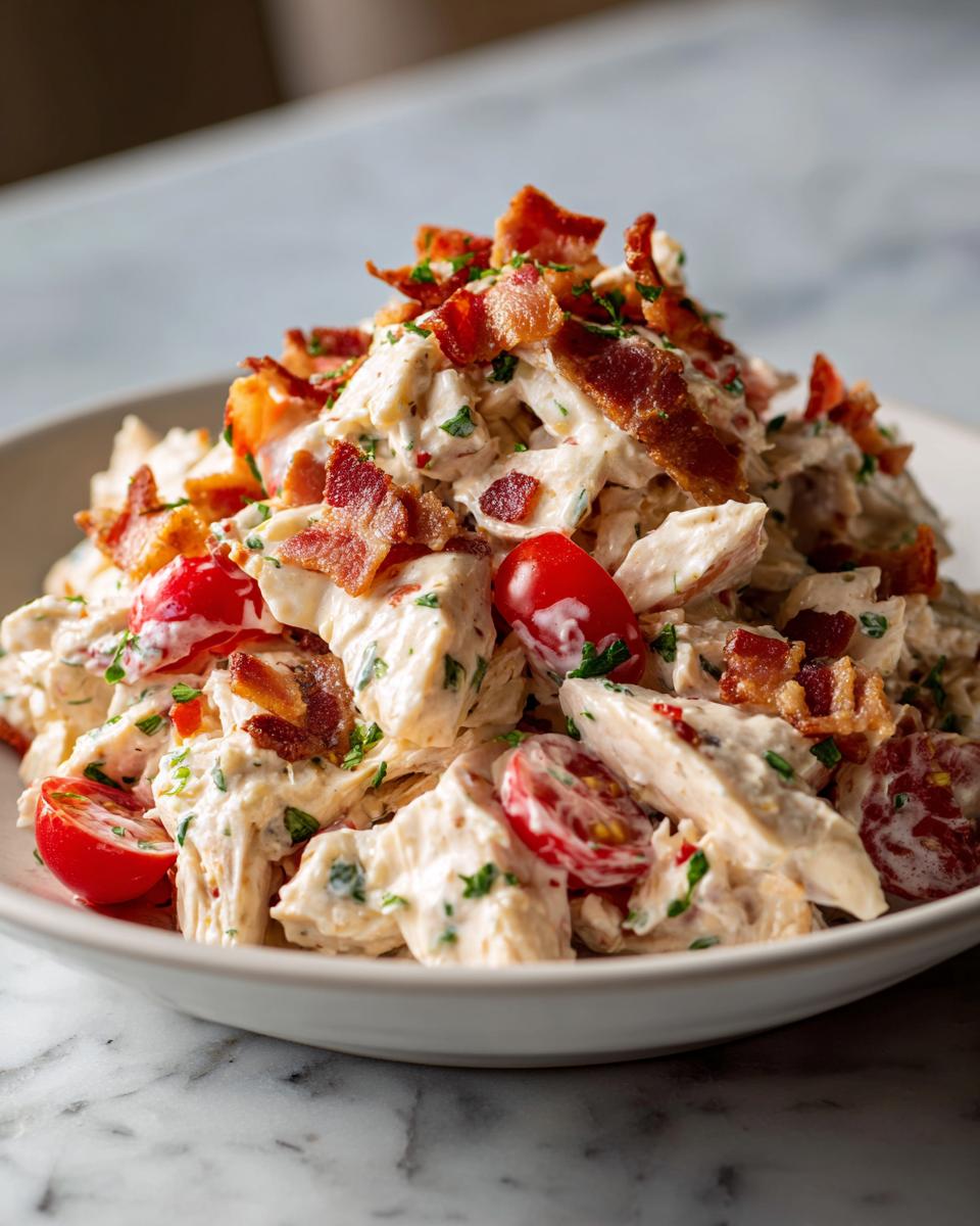 A close-up of a bowl piled high with creamy BLT chicken salad, topped generously with crispy bacon pieces and halved cherry tomatoes.