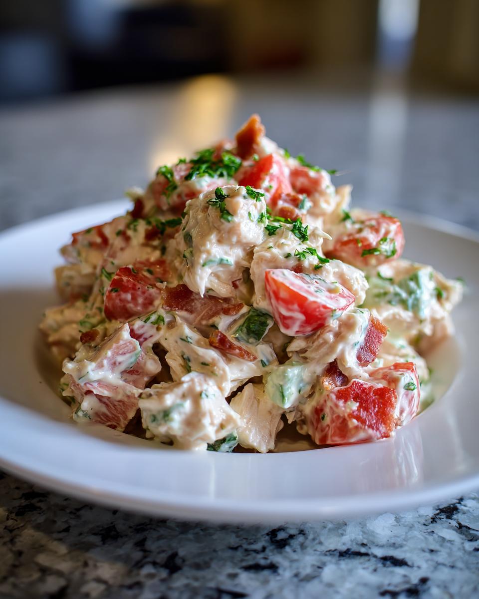 A close-up of a mound of creamy BLT chicken salad featuring chunks of chicken, bright red tomatoes, bacon, and parsley garnish.