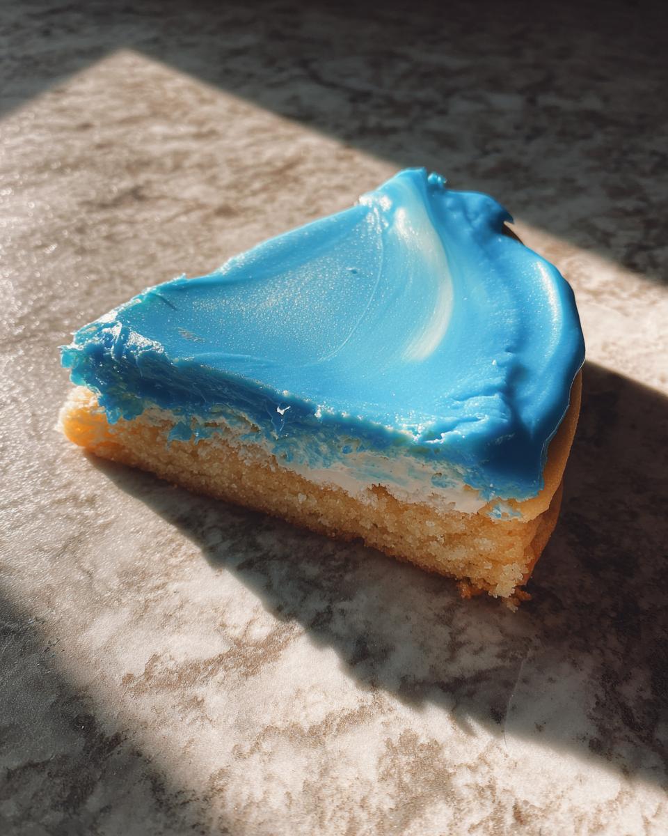 Close-up of a sugar cookie slice with thick, bright blue sugar cookie icing that hardens, sitting on a marbled surface.