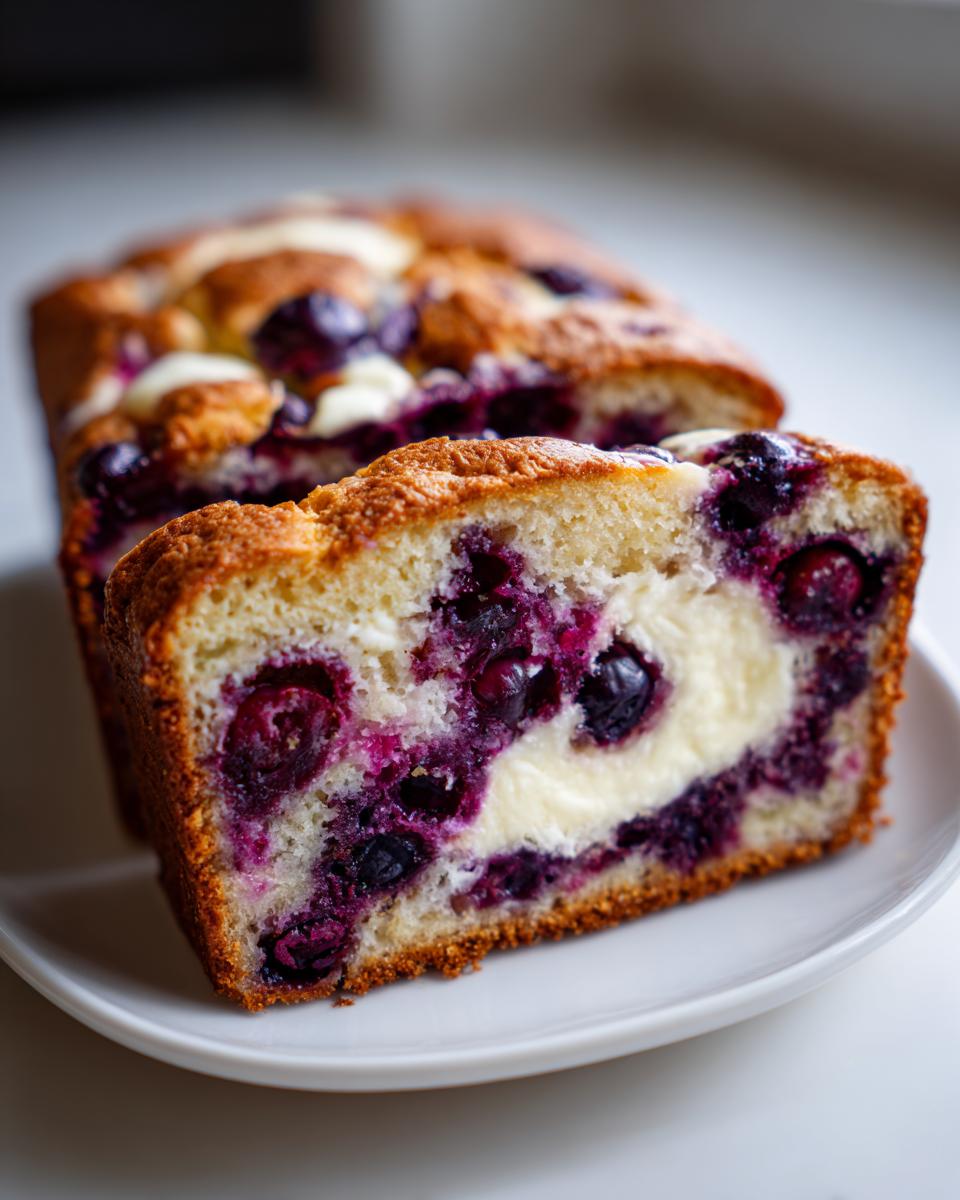 Close-up of a slice of Blueberry Cream Cheese Bread showing the swirl of cream cheese and burst blueberries.