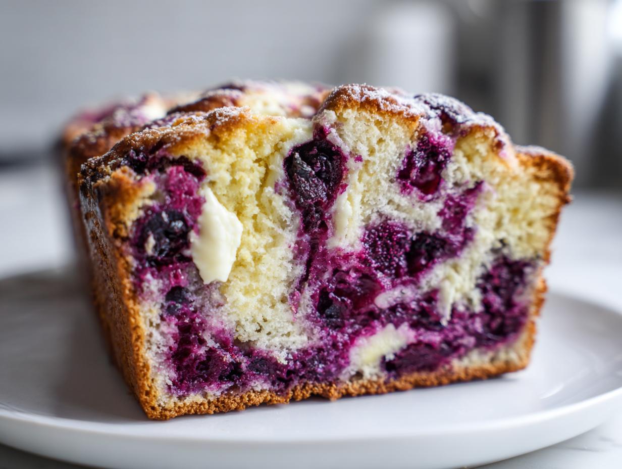 Close-up of a thick slice of Blueberry Cream Cheese Bread showing vibrant purple blueberries and cream cheese swirls.