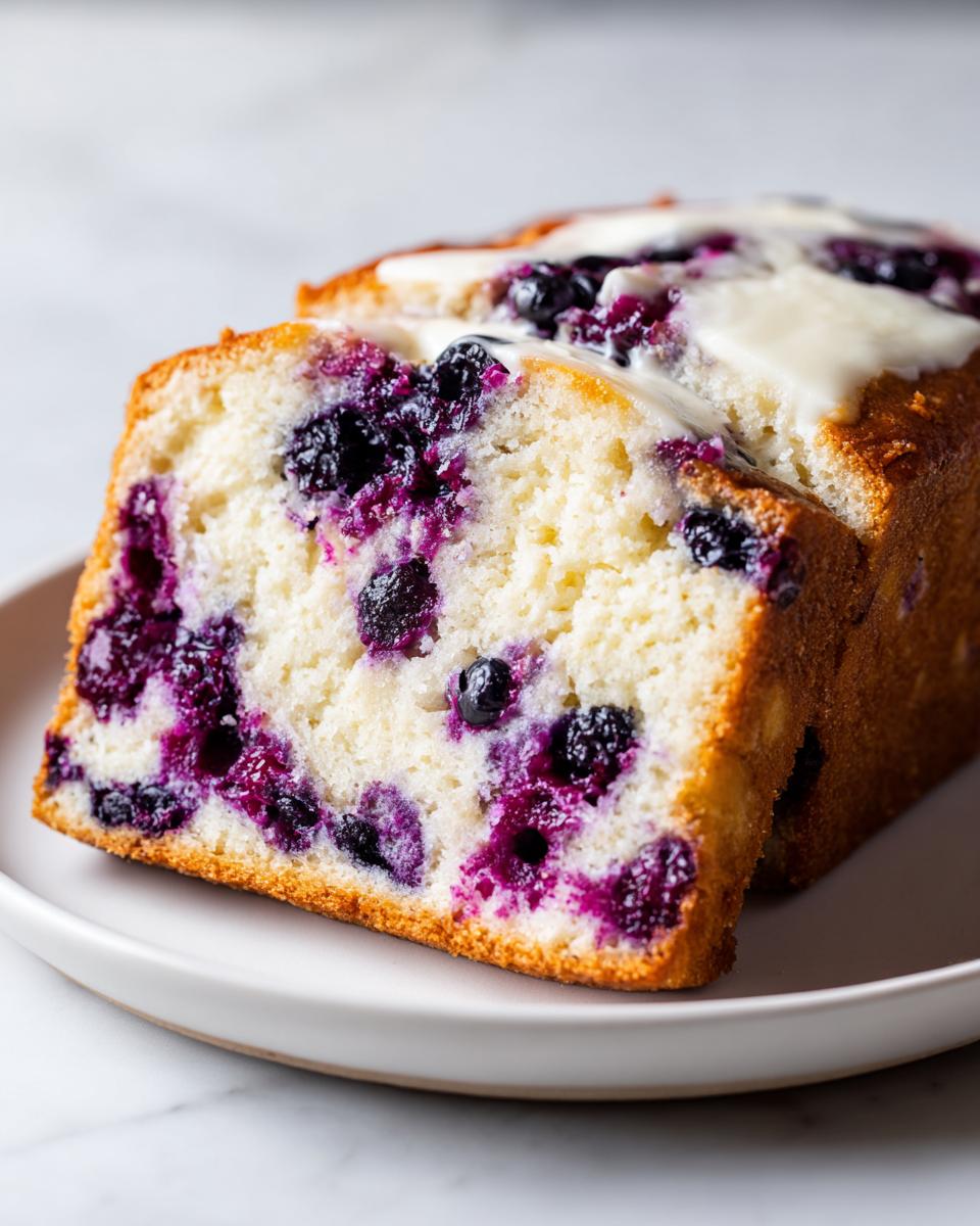 Two slices of moist Blueberry Cream Cheese Bread showing vibrant blueberries and a cream cheese glaze.