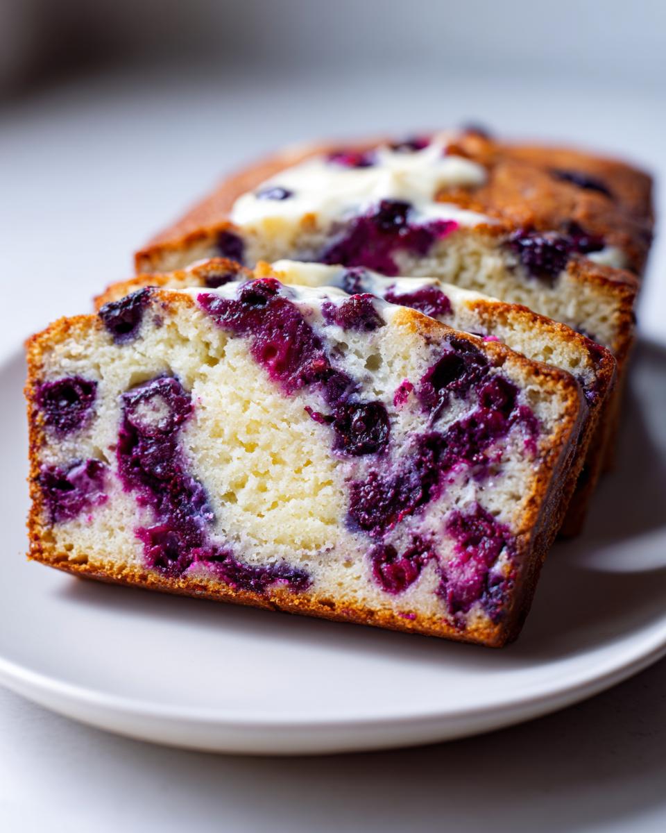 Close-up of thick slices of moist Blueberry Cream Cheese Bread showing bright purple berries and cream cheese swirl.