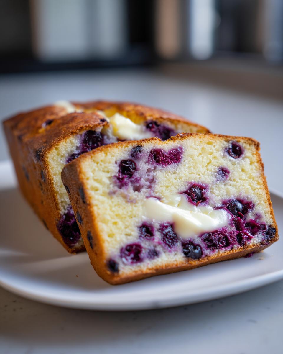 Close-up of two slices of moist Blueberry Cream Cheese Bread showing swirls of cream cheese and baked blueberries.