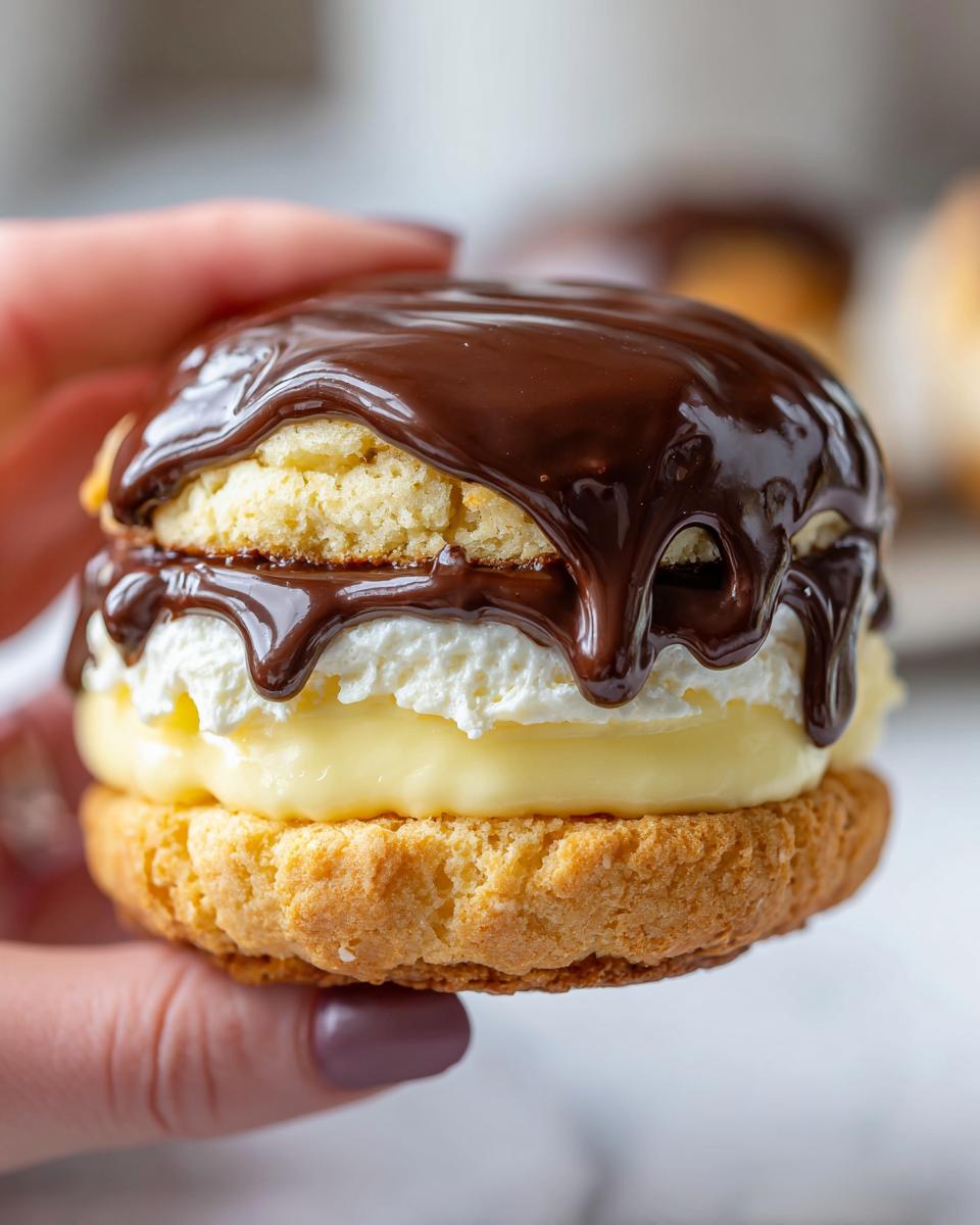A hand holds a decadent boston cream pie cookies sandwich filled with cream and custard, topped with dripping chocolate ganache.