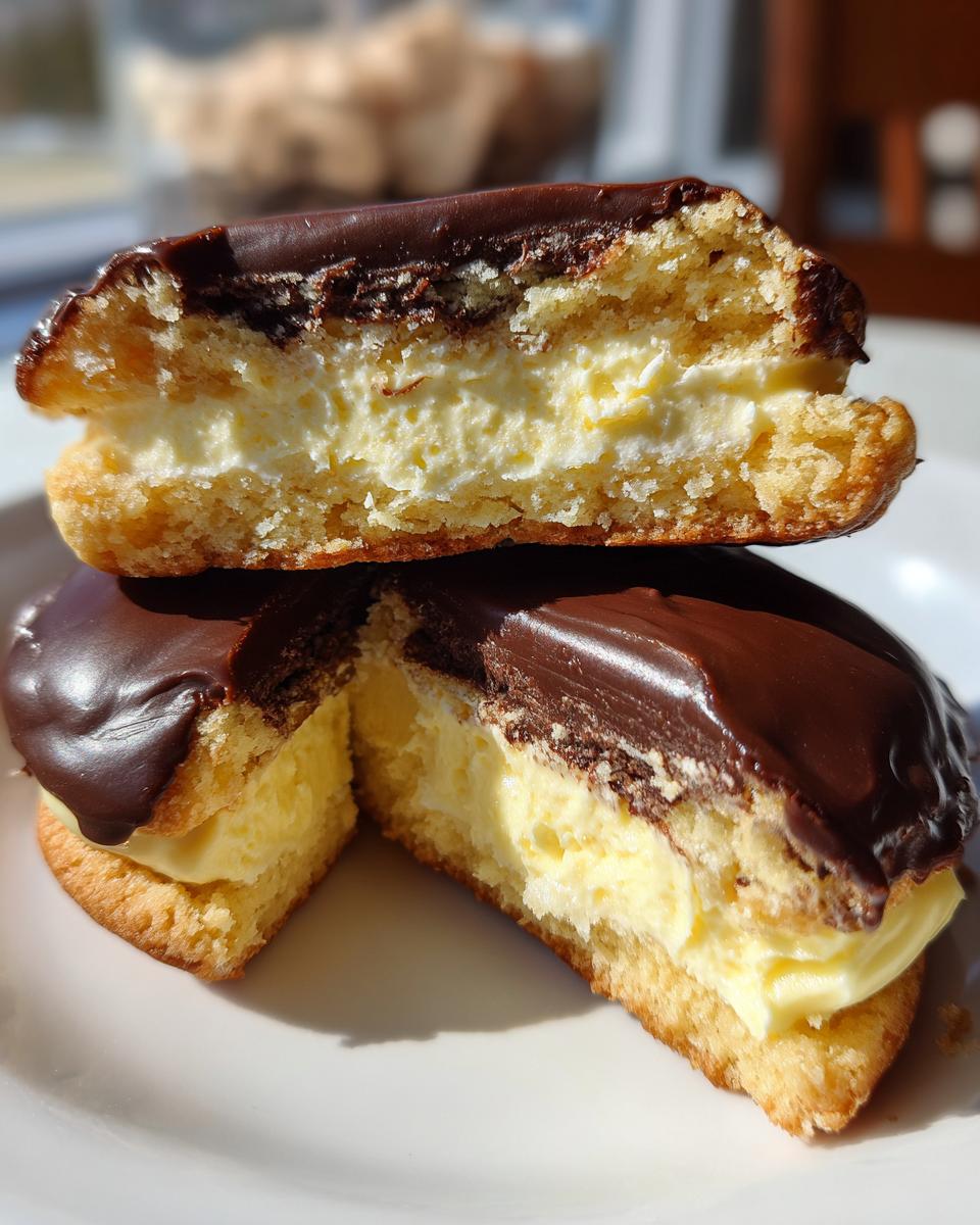 Cross-section view showing the rich vanilla cream filling sandwiched between two cake layers of the boston cream pie cookies.