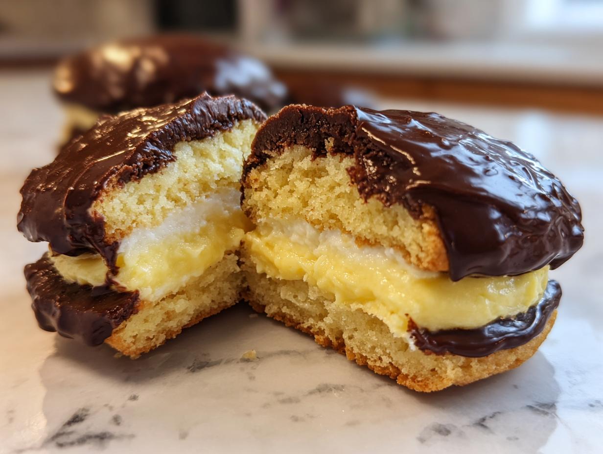 Cross-section of a boston cream pie cookie showing vanilla cake, creamy custard filling, and chocolate glaze.