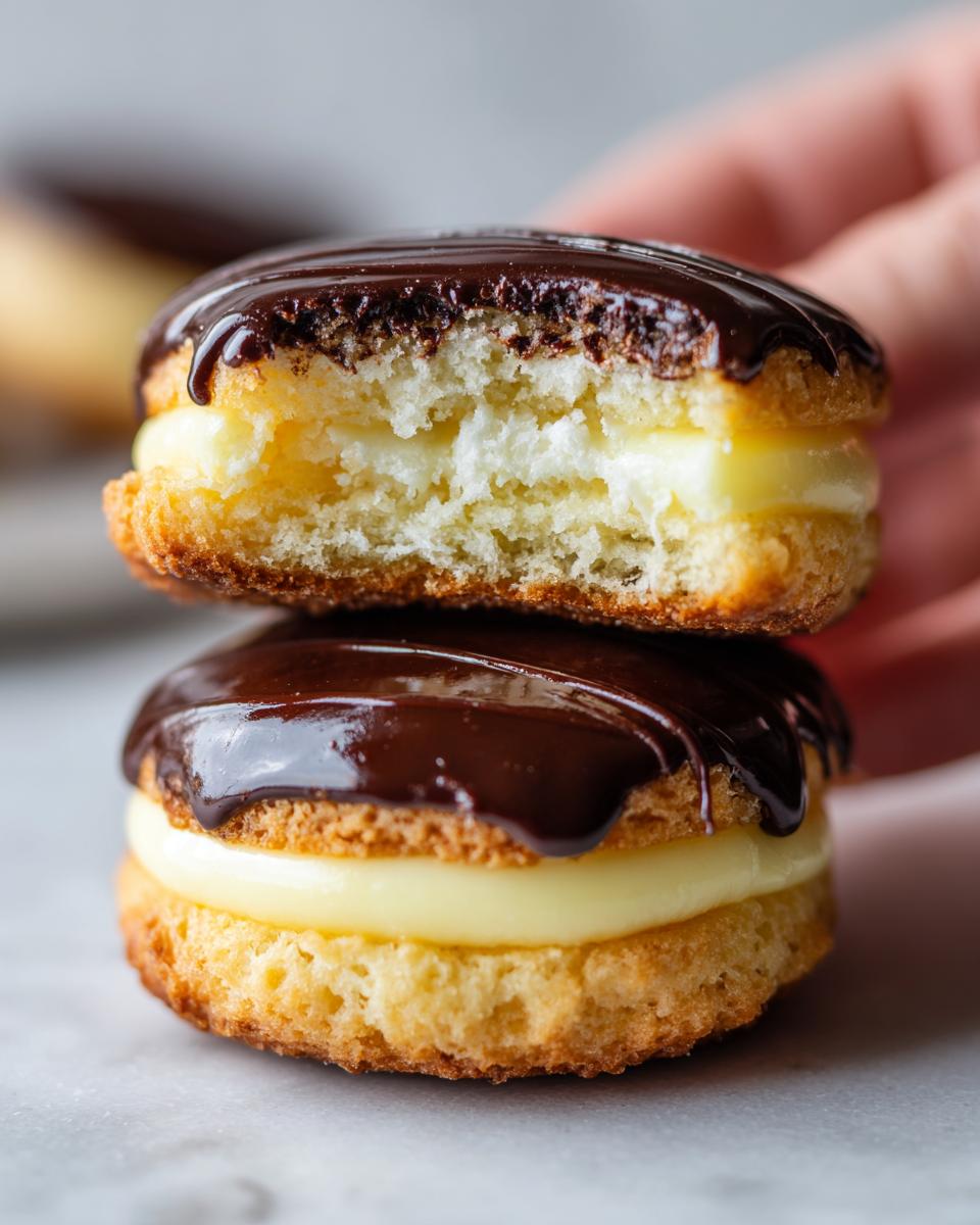 Two stacked boston cream pie cookies, one with a bite taken out revealing vanilla cream filling and chocolate glaze.