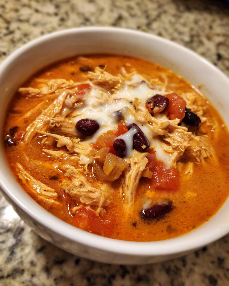 Close-up of a white bowl filled with rich, orange buffalo chicken chili featuring shredded chicken, kidney beans, tomatoes, and melted cheese.