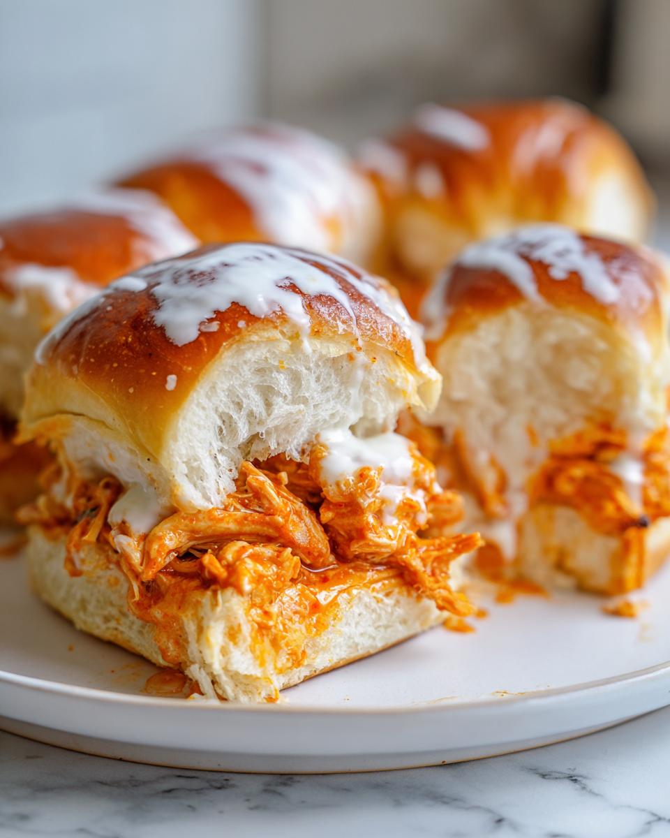 A close-up of one of the amazing 320 calorie buffalo chicken sliders, filled with shredded orange chicken and topped with a drizzle of white ranch or blue cheese dressing.
