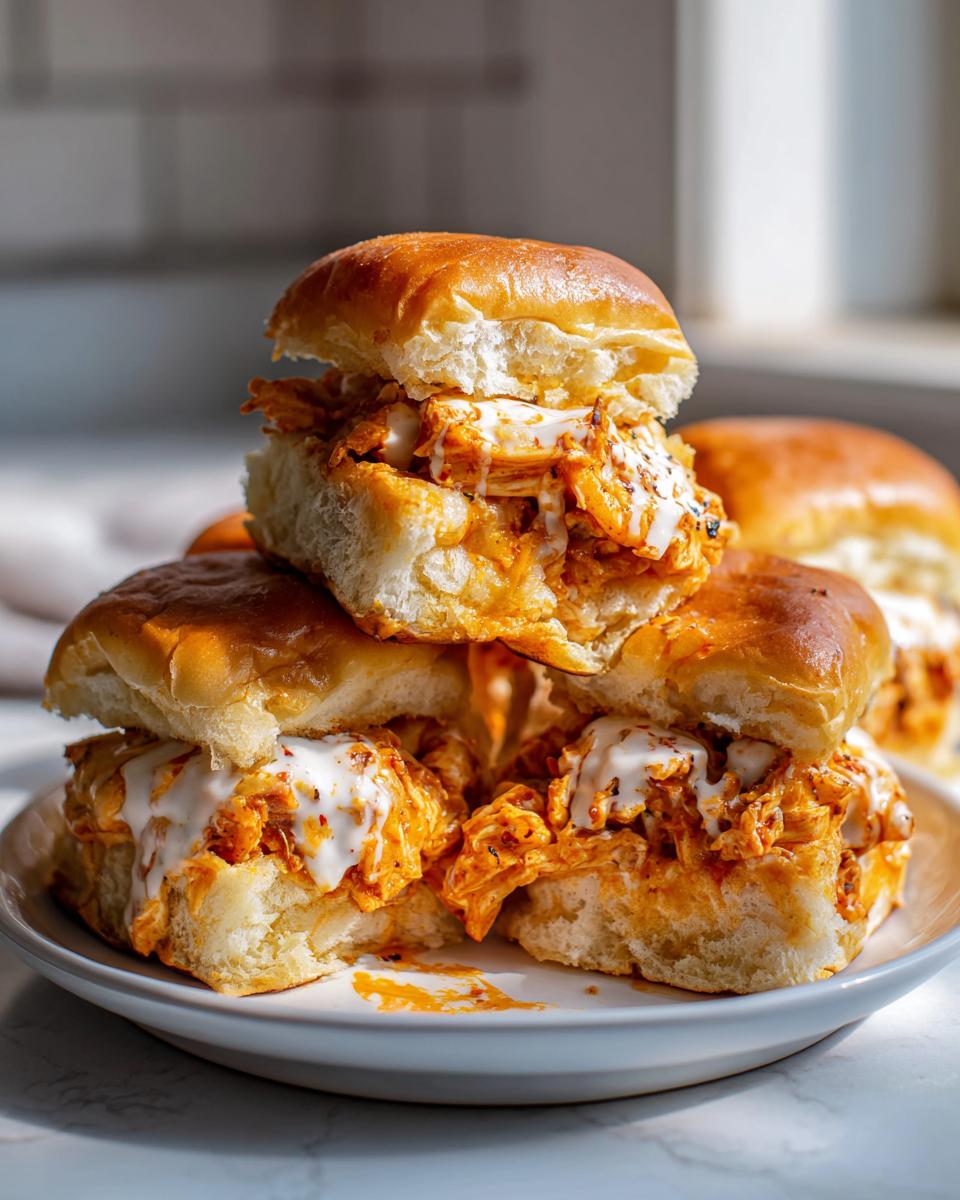A stack of four juicy buffalo chicken sliders topped with creamy white sauce on a white plate.