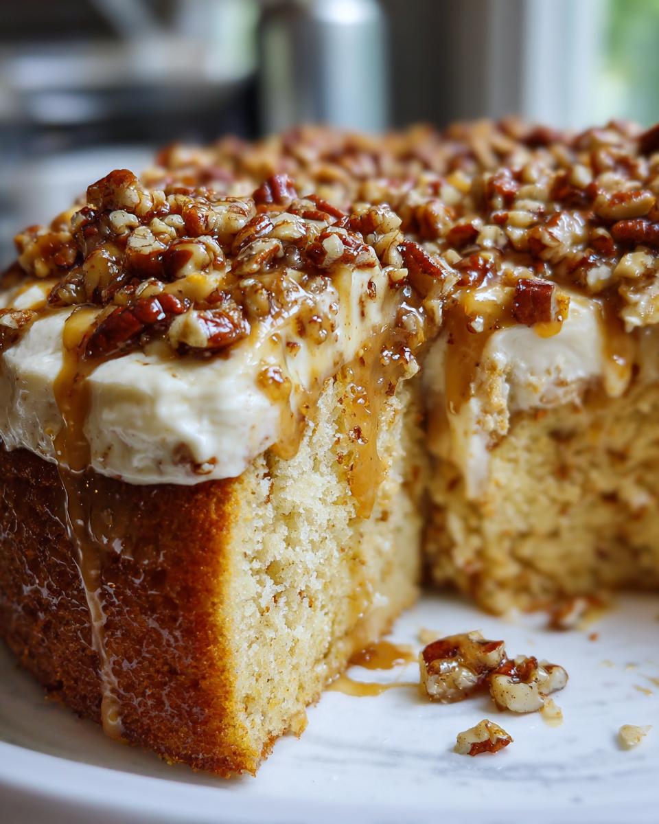 A close-up view of a slice cut from a moist butter pecan praline poke cake, topped with thick frosting and caramel pecan topping.
