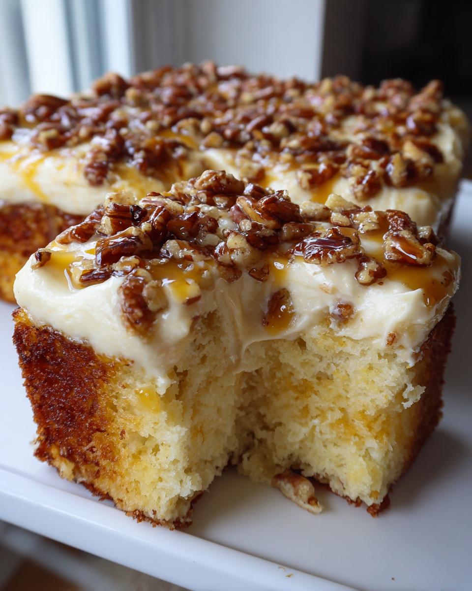 A close-up of a slice removed from a butter pecan praline poke cake, showing the moist interior and thick frosting topped with pecans.