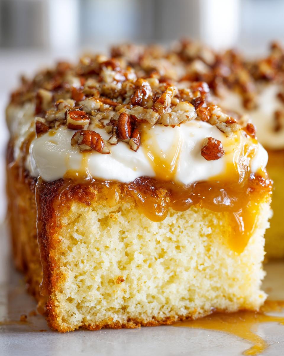 Close-up of a moist slice of butter pecan praline poke cake topped with white frosting, caramel sauce, and chopped pecans.