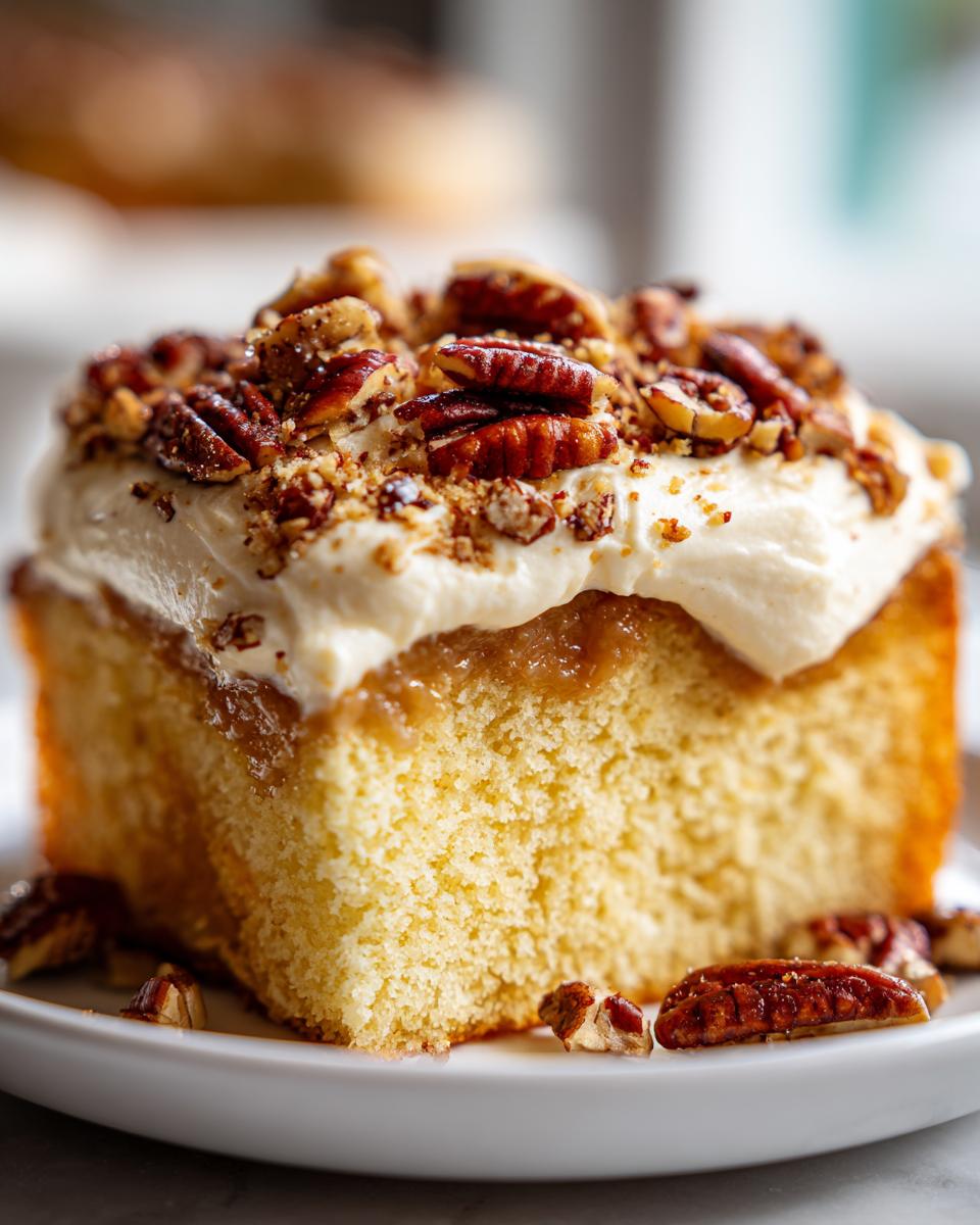 Close-up of a moist slice of butter pecan praline poke cake topped with thick cream cheese frosting and toasted pecans.