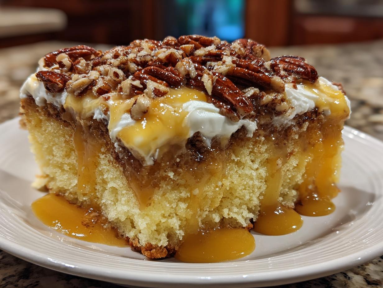 A moist slice of butter pecan praline poke cake topped with whipped cream, caramel sauce, and toasted pecans.