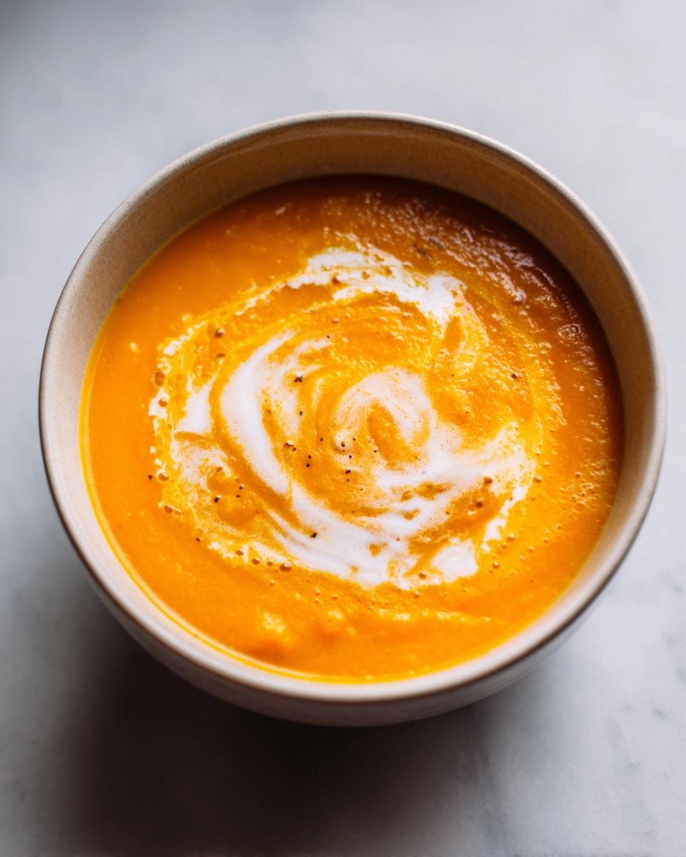 Overhead close-up of a bowl of vibrant orange butternut squash soup topped with a swirl of cream and cracked pepper.