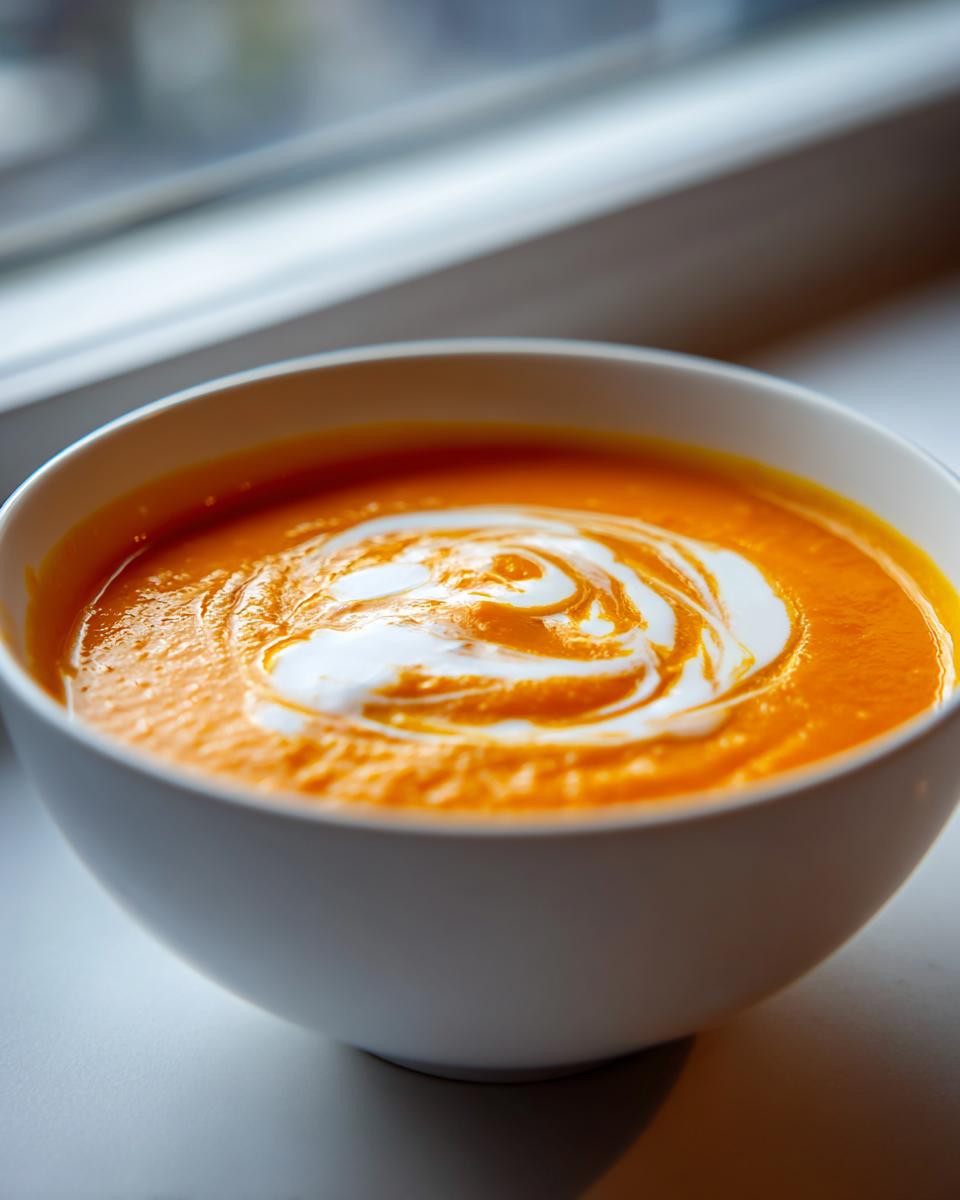 A close-up of bright orange butternut squash soup garnished with a swirl of white cream.