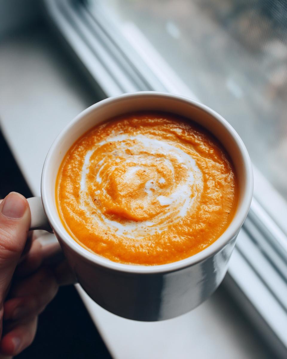 A hand holds a mug filled with vibrant orange butternut squash soup, topped with a swirl of cream.
