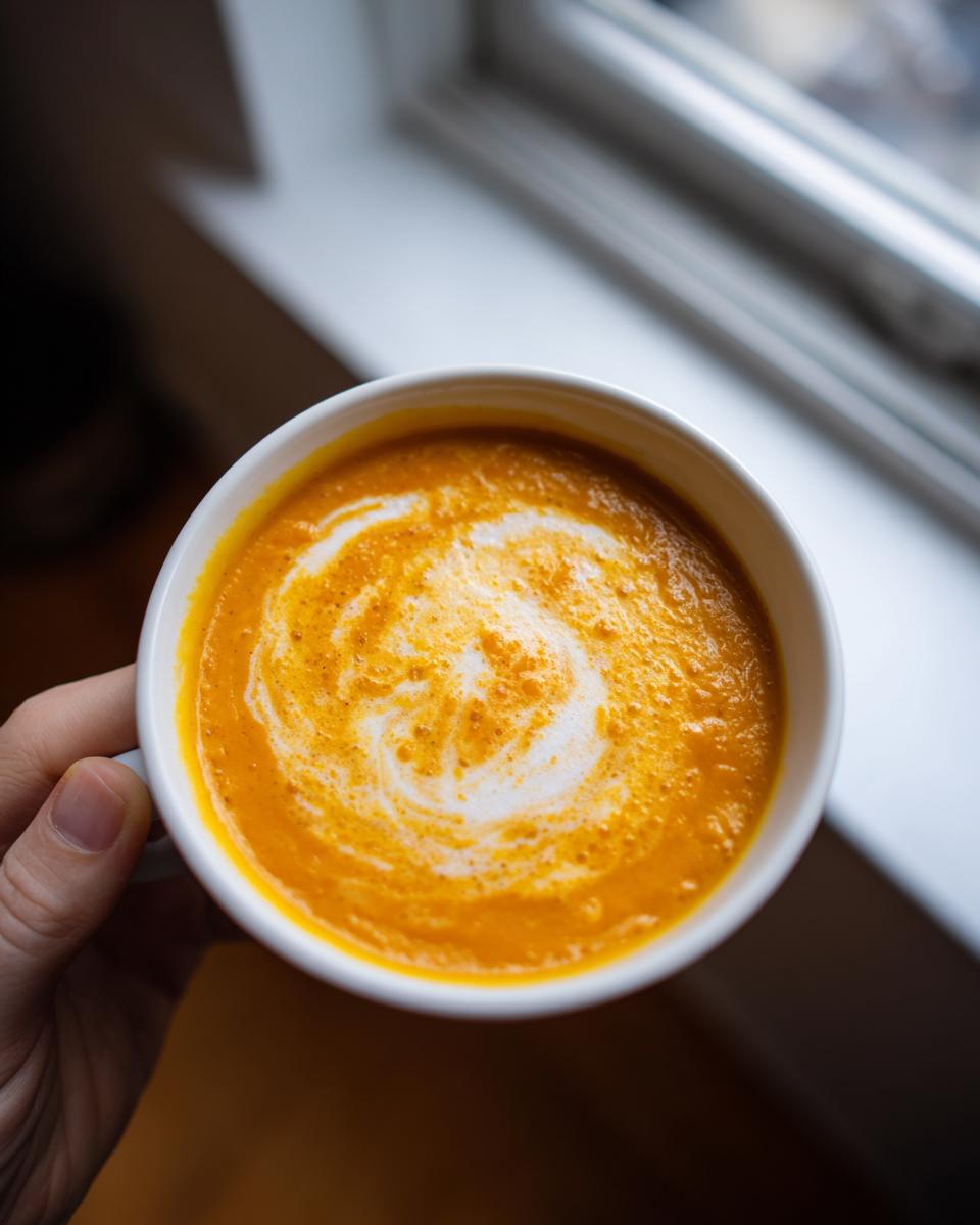 Overhead view of a hand holding a white mug filled with vibrant orange butternut squash soup, swirled with cream.