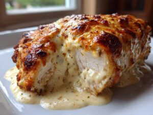 A cross-section of baked caesar chicken topped with melted, browned cheese and creamy sauce.