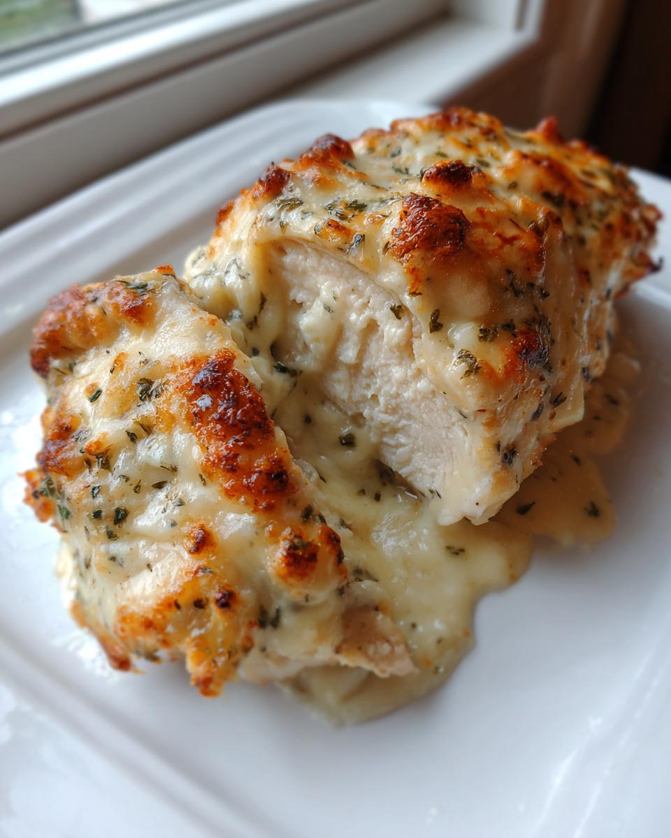 A cross-section of baked caesar chicken breast covered in melted, browned cheese and herbs.
