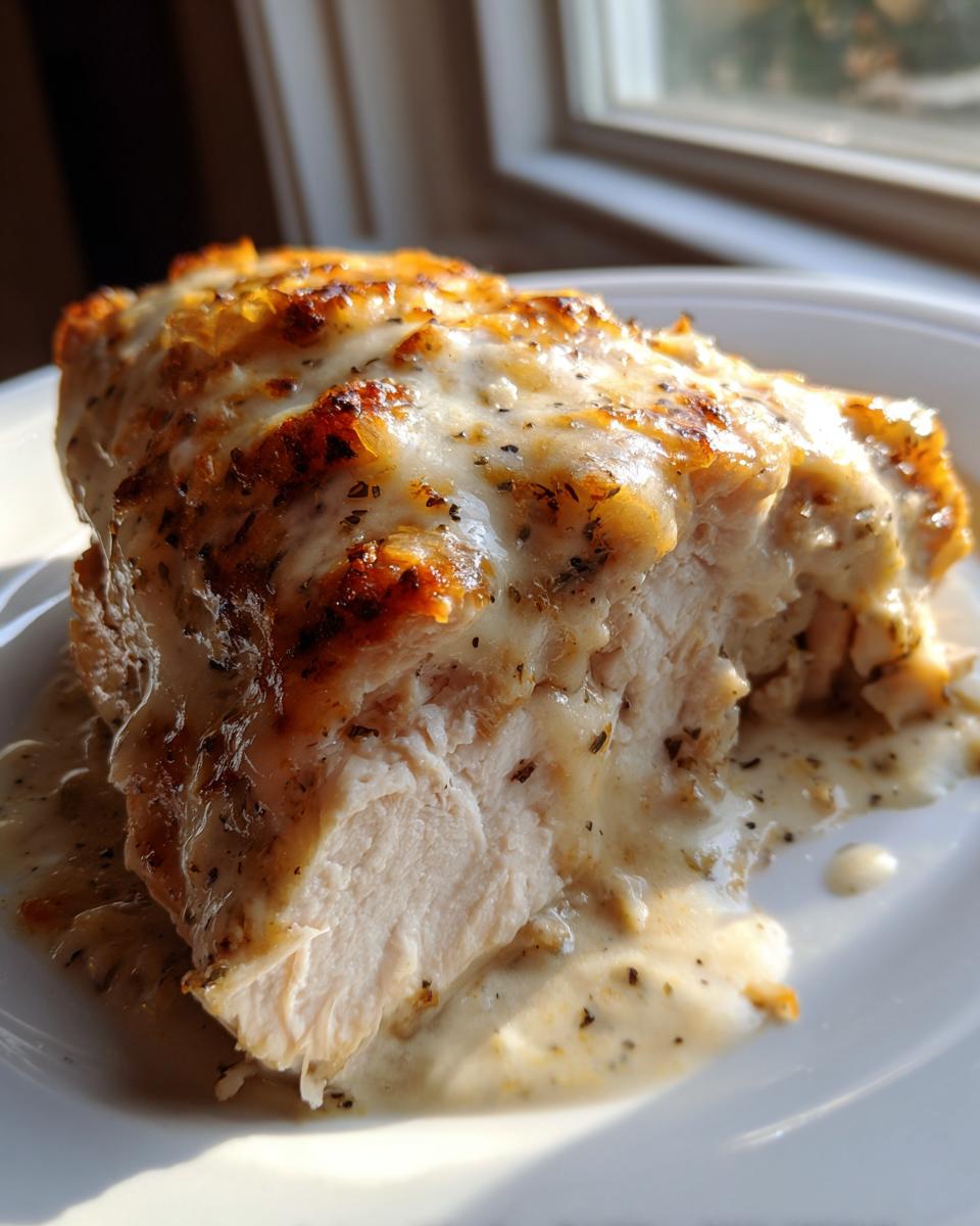 Cross-section of a juicy caesar chicken breast covered in a creamy, herbed sauce, showing perfectly cooked white meat.