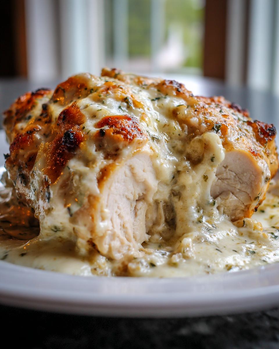 Cross-section of baked caesar chicken breast oozing with creamy, cheesy sauce and herbs.