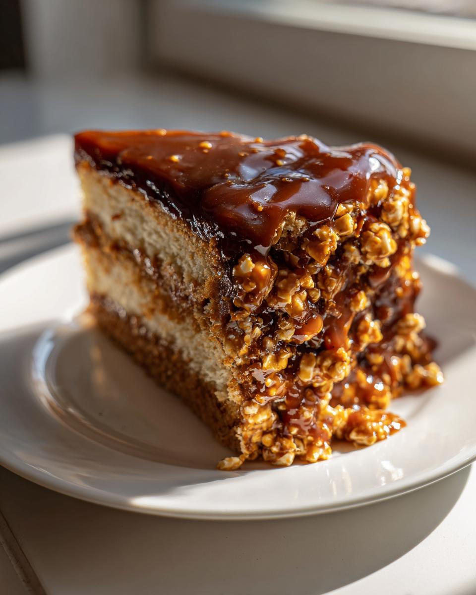 A decadent slice of caramel crunch cake topped with thick caramel sauce and crunchy popcorn pieces.