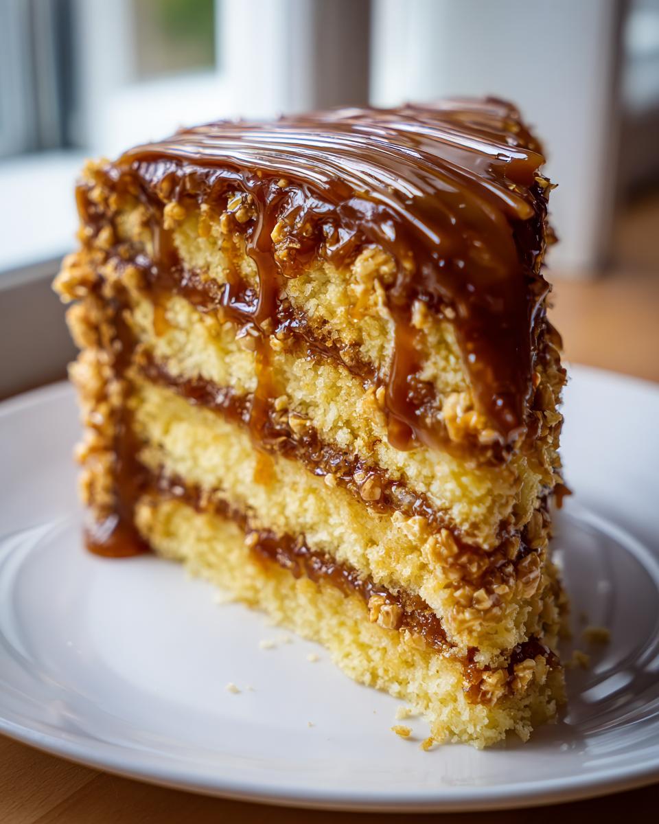 A tall slice of caramel crunch cake featuring multiple sponge layers, caramel filling, and a thick caramel drizzle on top.