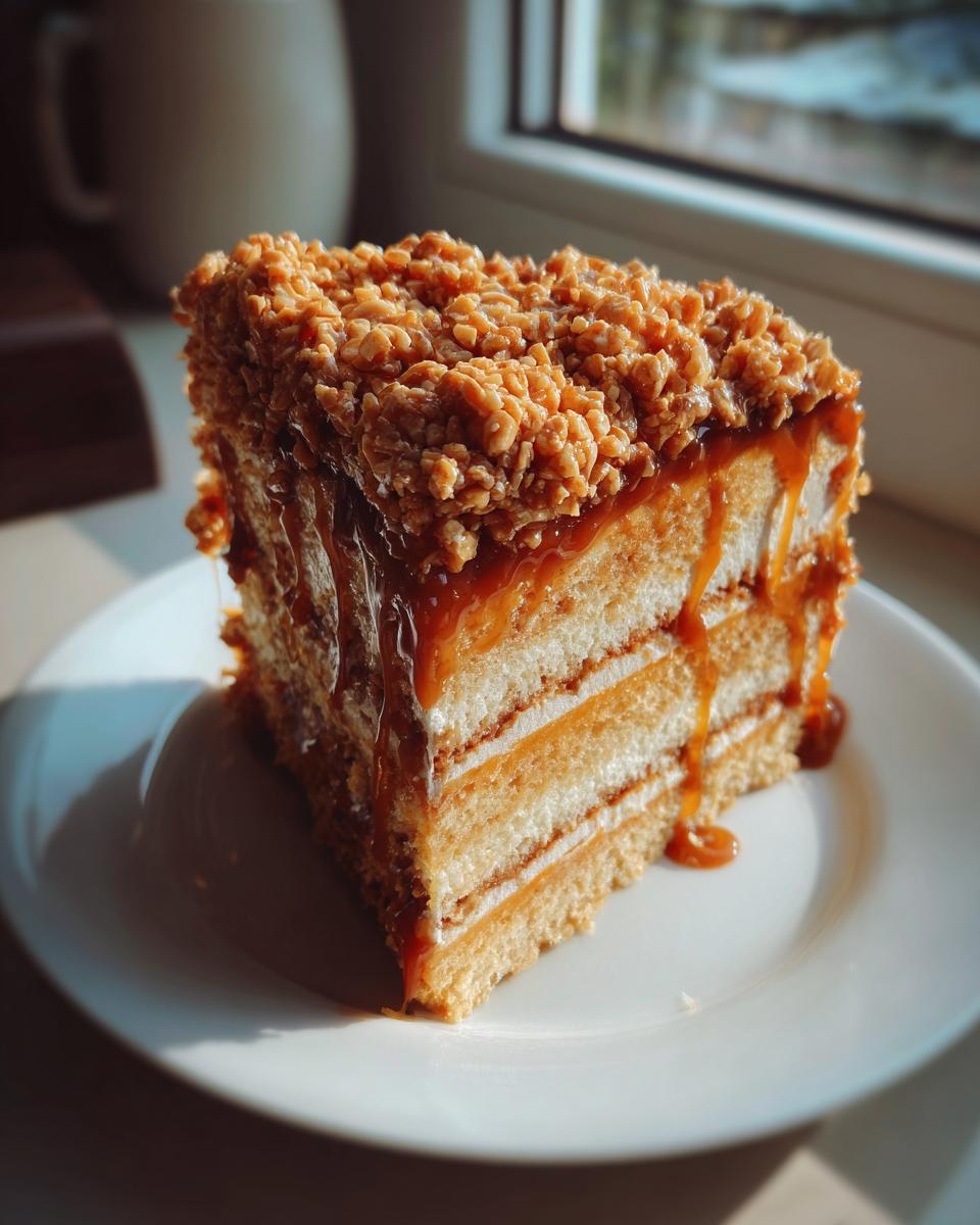 A decadent slice of caramel crunch cake layered with cream and drizzled with thick caramel sauce.