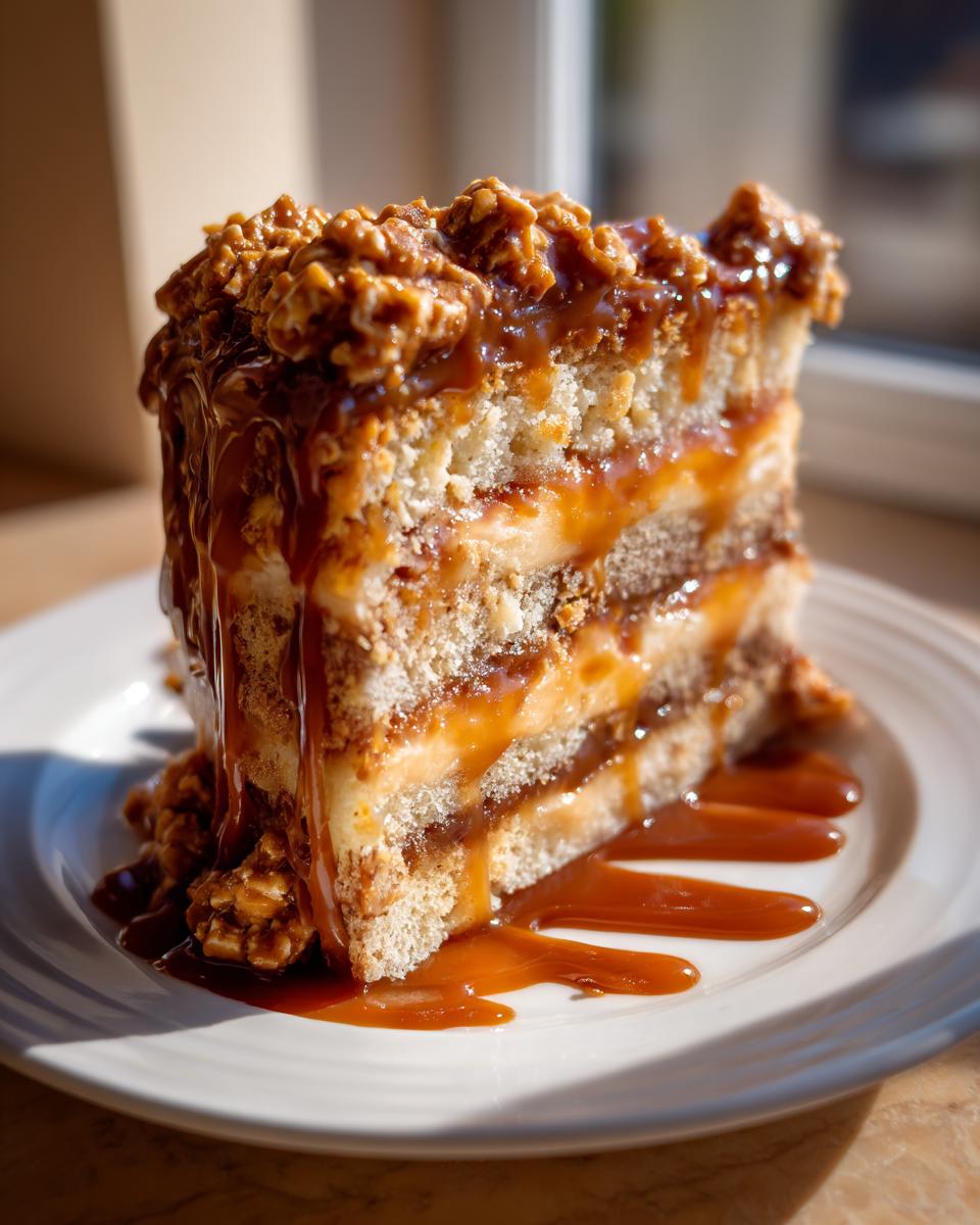 Close-up of a tall slice of caramel crunch cake layered with cream and dripping with thick caramel sauce.