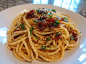 A close-up shot of spaghetti tossed in a creamy sauce, topped with rich caramelized onion pasta and fresh parsley.