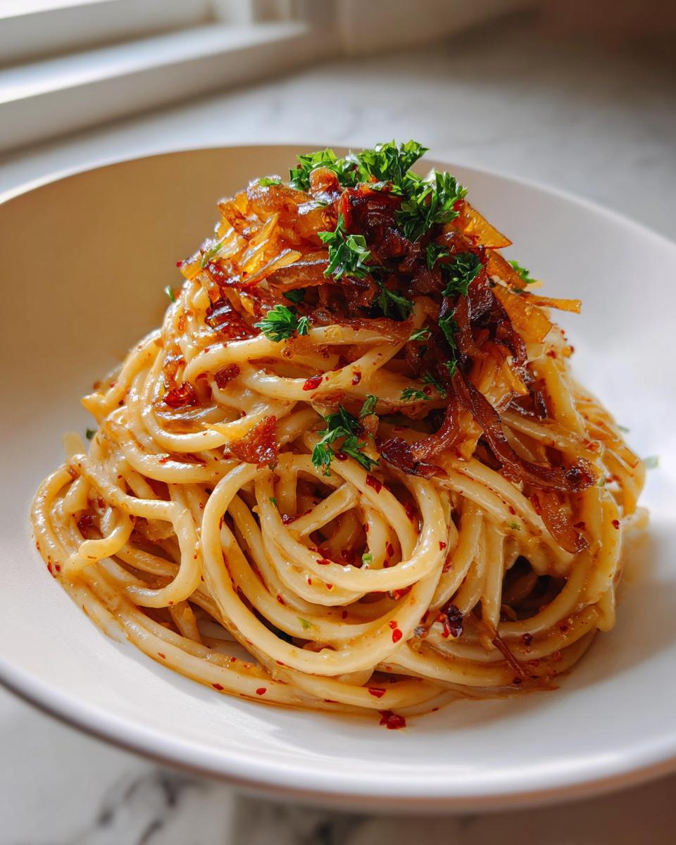 A close-up of a mound of creamy caramelized onion pasta topped with crispy onions and fresh parsley.