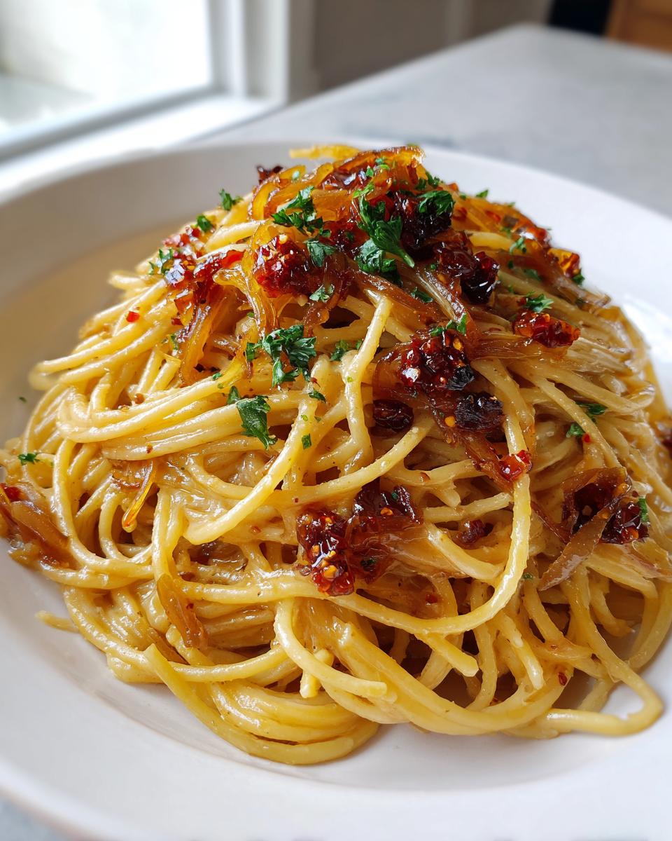 A close-up of a serving of spaghetti tossed in a creamy sauce, topped generously with caramelized onion pasta mixture and fresh parsley.