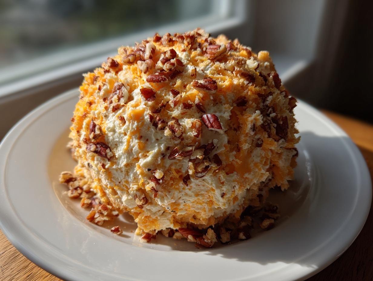 A homemade cheese ball recipe coated in shredded cheddar and chopped pecans sitting on a white plate.