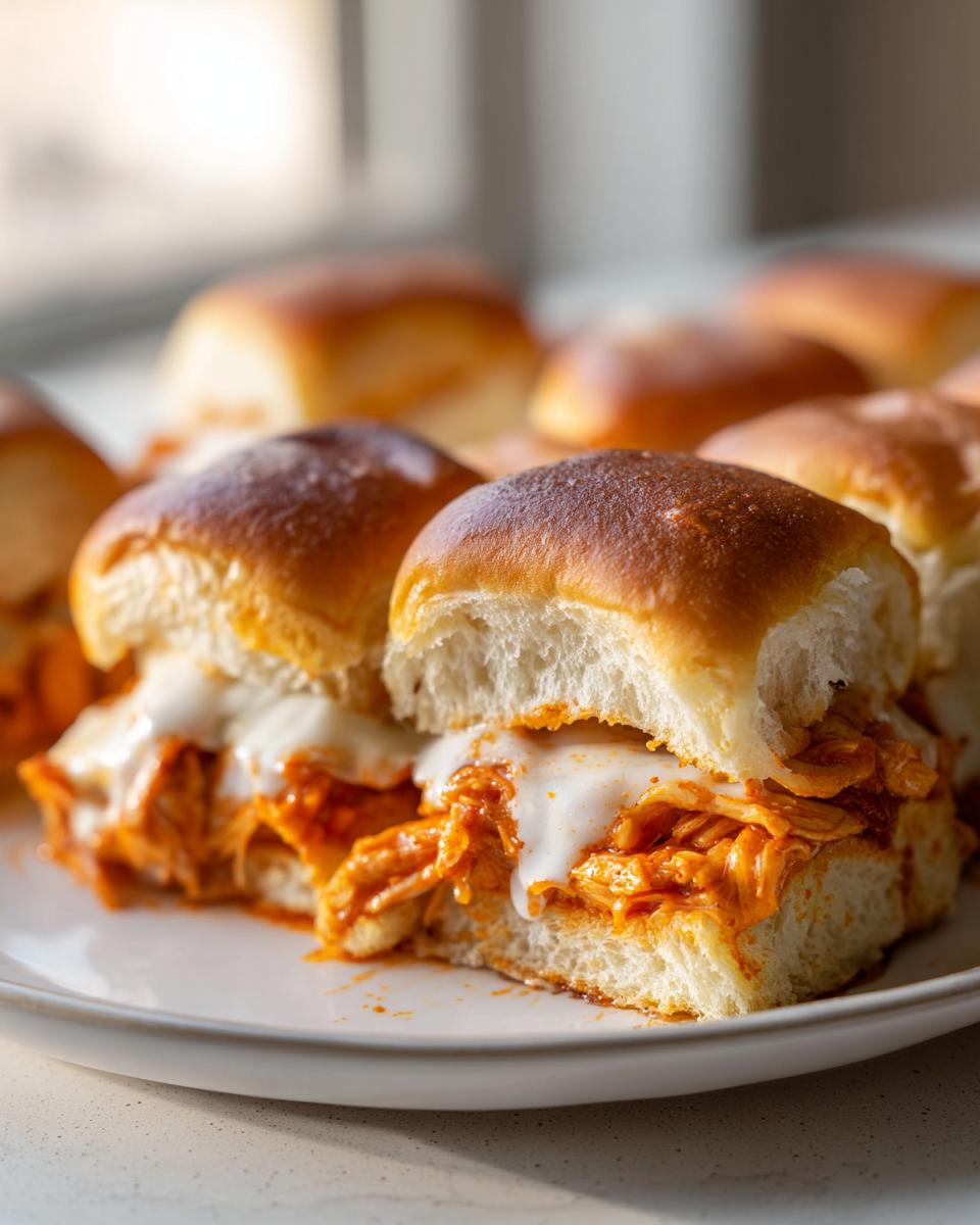 Close-up of a cheesy buffalo chicken sliders sandwich cut in half, showing shredded orange buffalo chicken and melted white cheese.